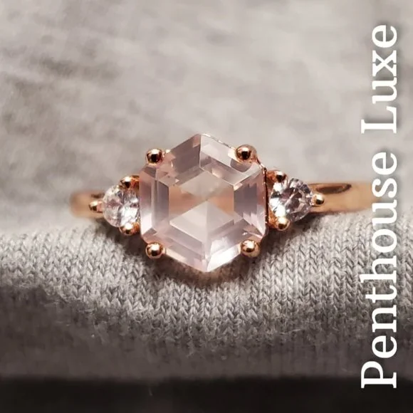 REAL Rose Quartz Hexagon Rose Gold 925 Ring - Picture 6 of 7